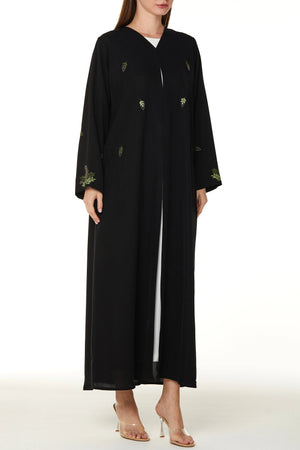 Black Farasha Crepe Custom Abaya with Front Vibrant Floral Scatter Embroidery