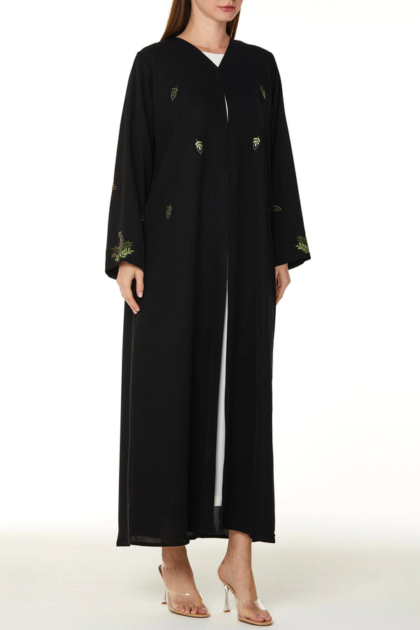 Black Farasha Crepe Custom Abaya with Front Vibrant Floral Scatter Embroidery