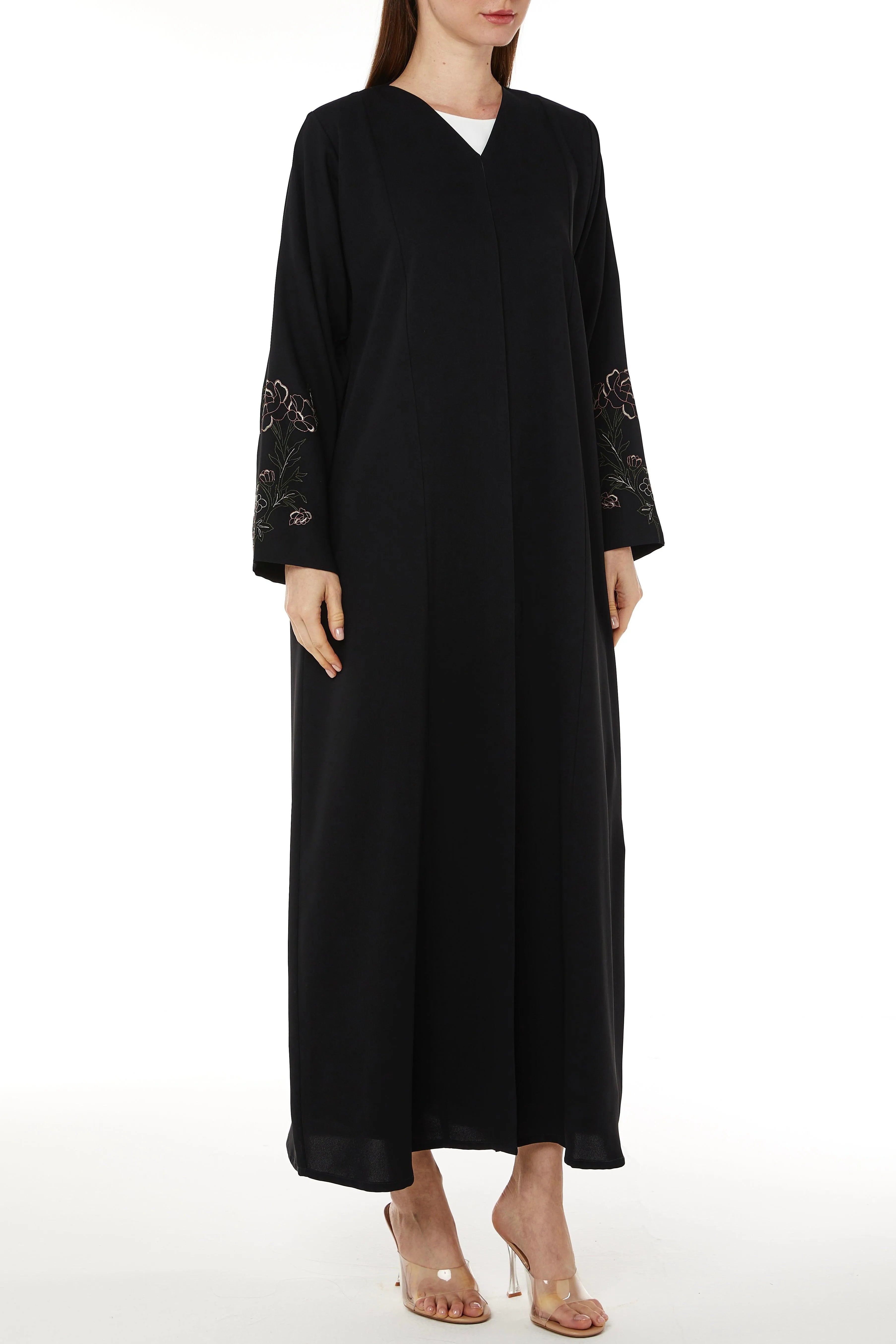 Black Layan Crepe Abaya with Floral Embroidered Sleeves - Posh Abaya