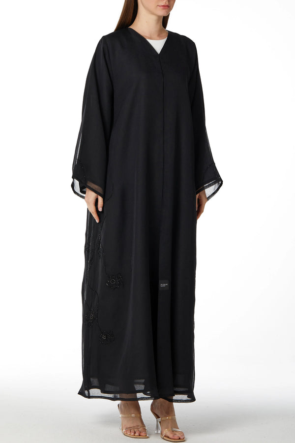 Silver Floral Flare Black  Custom Abaya