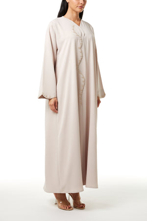 Beige Zoe Crepe, Overlap Front and Sleeve Beadwork Detail