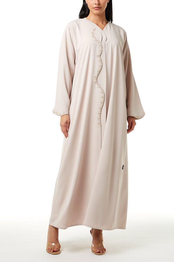 Beige Zoe Crepe, Overlap Front and Sleeve Beadwork Detail