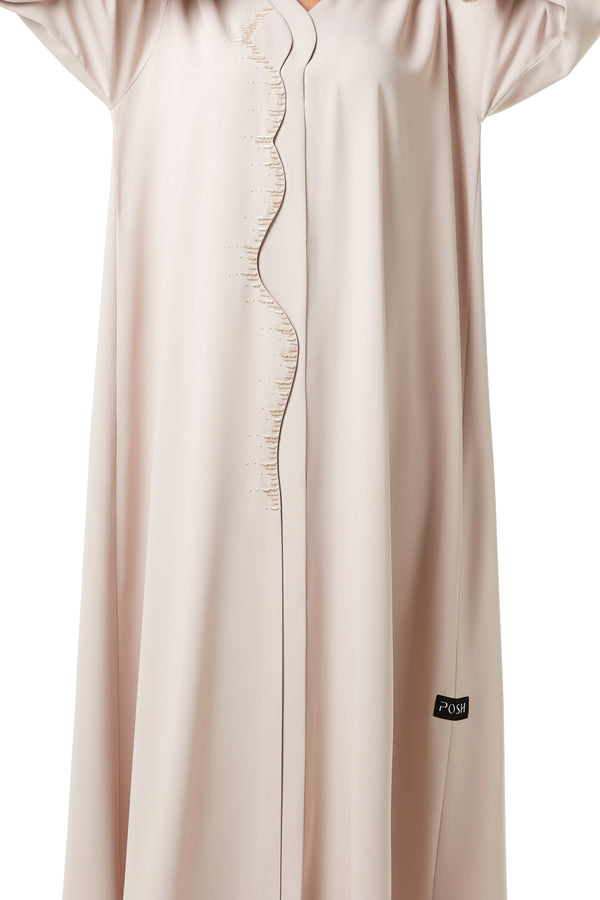 Beige Zoe Crepe, Overlap Front and Sleeve Beadwork Detail