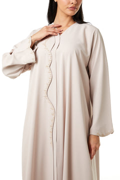 Beige Zoe Crepe, Overlap Front and Sleeve Beadwork Detail