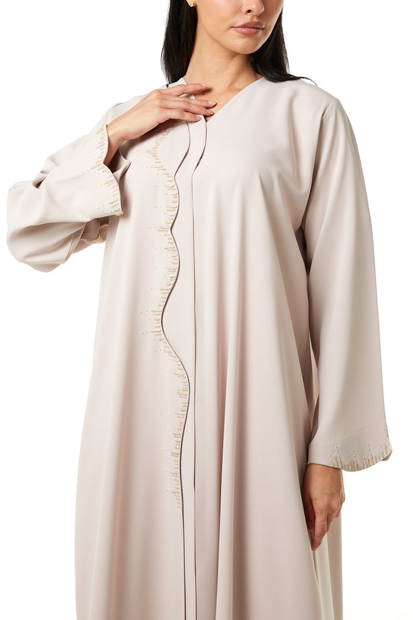 Beige Zoe Crepe, Overlap Front and Sleeve Beadwork Detail
