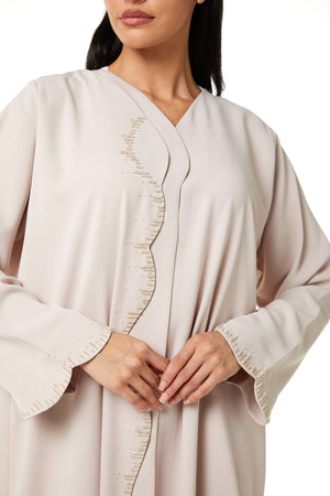 Beige Zoe Crepe, Overlap Front and Sleeve Beadwork Detail