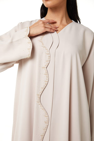 Beige Zoe Crepe, Overlap Front and Sleeve Beadwork Detail