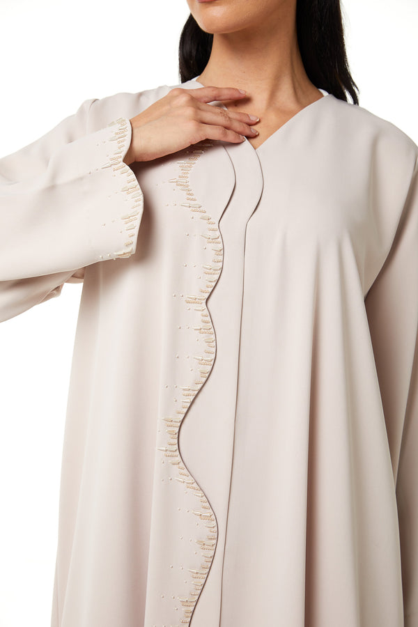 Beige Zoe Crepe, Overlap Front and Sleeve Beadwork Detail