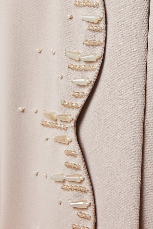 Beige Zoe Crepe, Overlap Front and Sleeve Beadwork Detail
