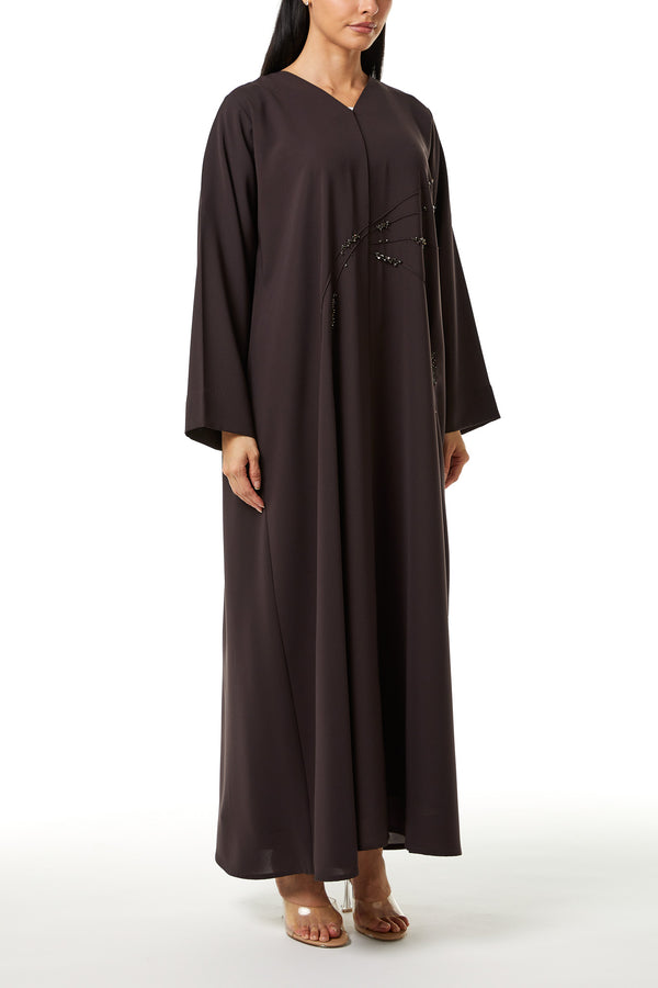 Brown Nova Crepe Abaya with Front Beadwork Detail