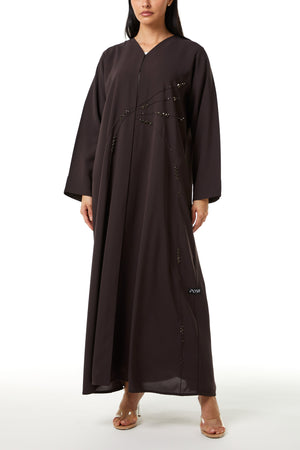 Brown Nova Crepe Abaya with Front Beadwork Detail