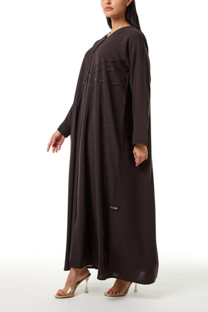 Brown Nova Crepe Abaya with Front Beadwork Detail
