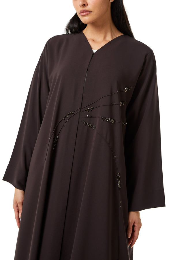 Brown Nova Crepe Abaya with Front Beadwork Detail