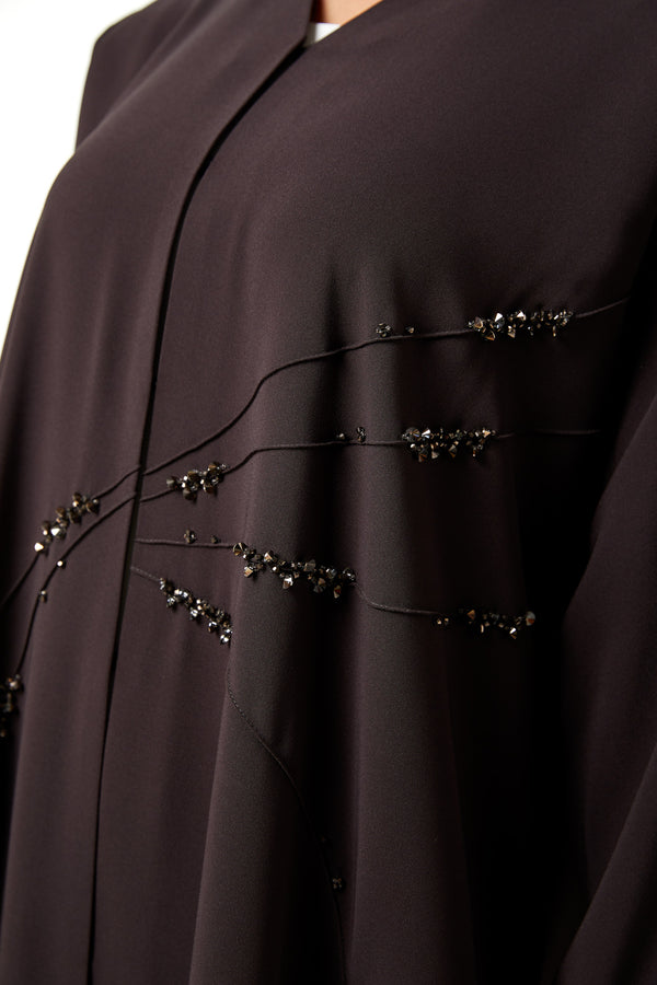 Brown Nova Crepe Abaya with Front Beadwork Detail