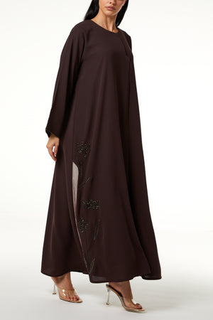 Brown Wave Crepe, Side Panel Beadwork Detail