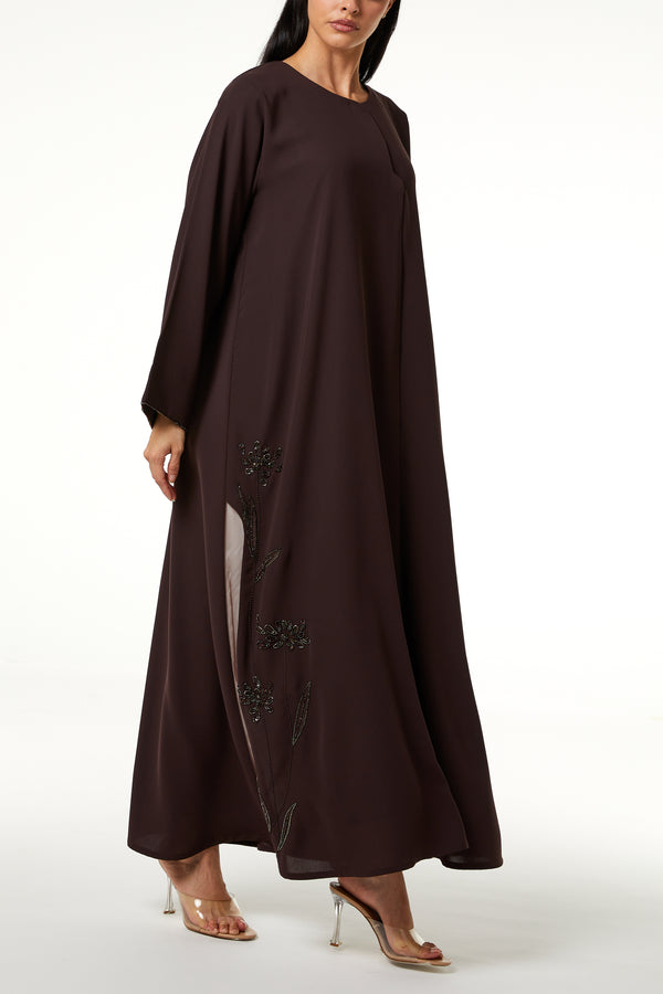 Brown Wave Crepe, Side Panel Beadwork Detail