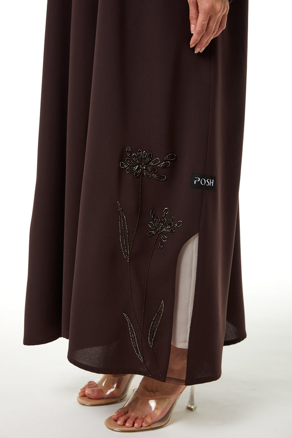 Brown Wave Crepe, Side Panel Beadwork Detail