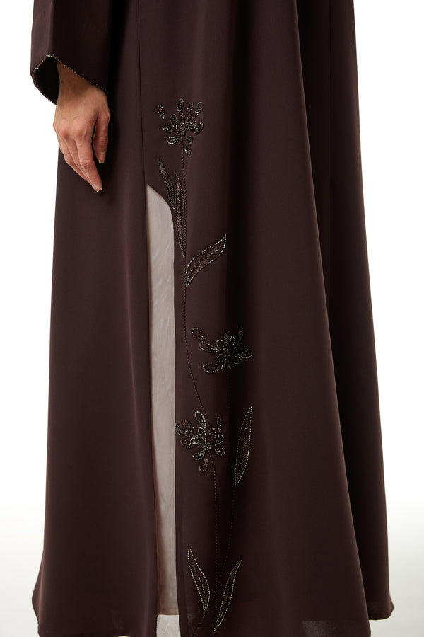 Brown Wave Crepe, Side Panel Beadwork Detail