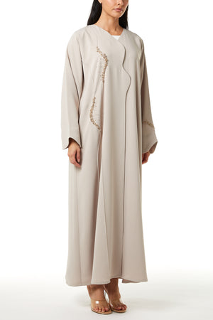 Beige Nova Crepe Abaya, Front Beadwork Detail