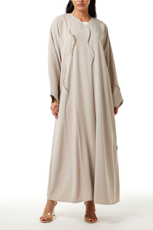 Beige Nova Crepe Abaya, Front Beadwork Detail