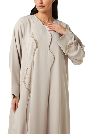 Beige Nova Crepe Abaya, Front Beadwork Detail