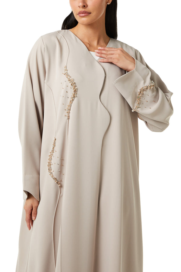 Beige Nova Crepe Abaya, Front Beadwork Detail