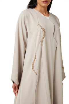 Beige Nova Crepe Abaya, Front Beadwork Detail