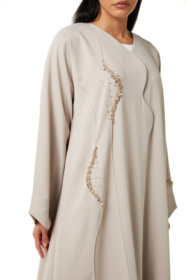 Beige Nova Crepe Abaya, Front Beadwork Detail