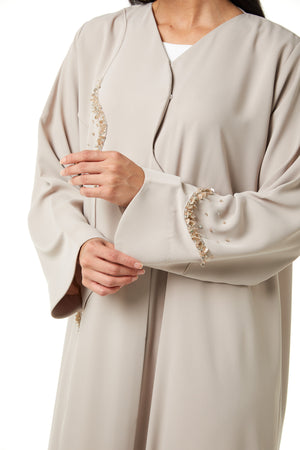 Beige Nova Crepe Abaya, Front Beadwork Detail