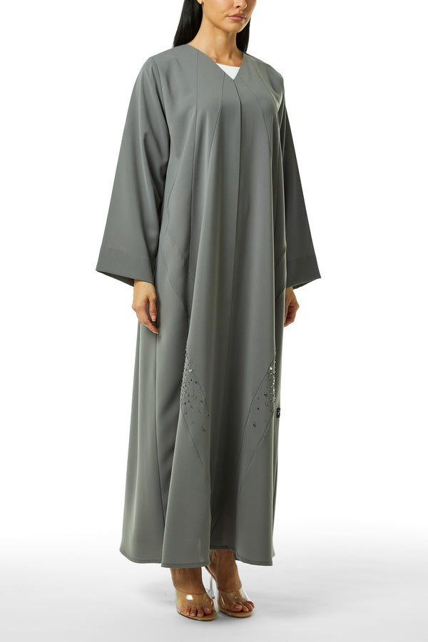 Grey Nova Crepe Abaya, Front Beadwork Detail