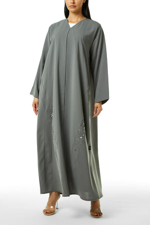 Grey Nova Crepe Abaya, Front Beadwork Detail