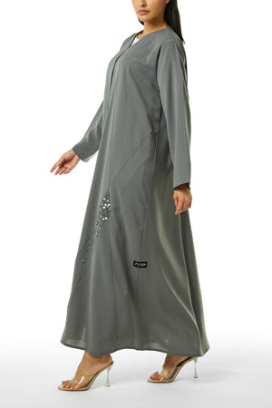 Grey Nova Crepe Abaya, Front Beadwork Detail