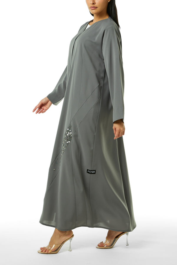 Grey Nova Crepe Abaya, Front Beadwork Detail