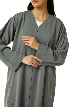 Grey Nova Crepe Abaya, Front Beadwork Detail