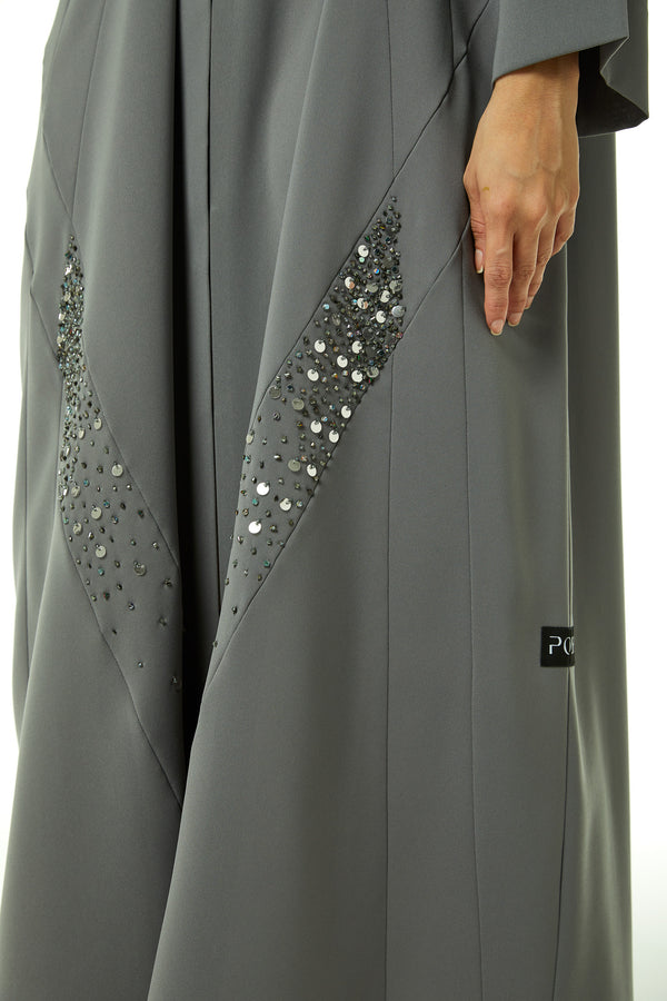 Grey Nova Crepe Abaya, Front Beadwork Detail
