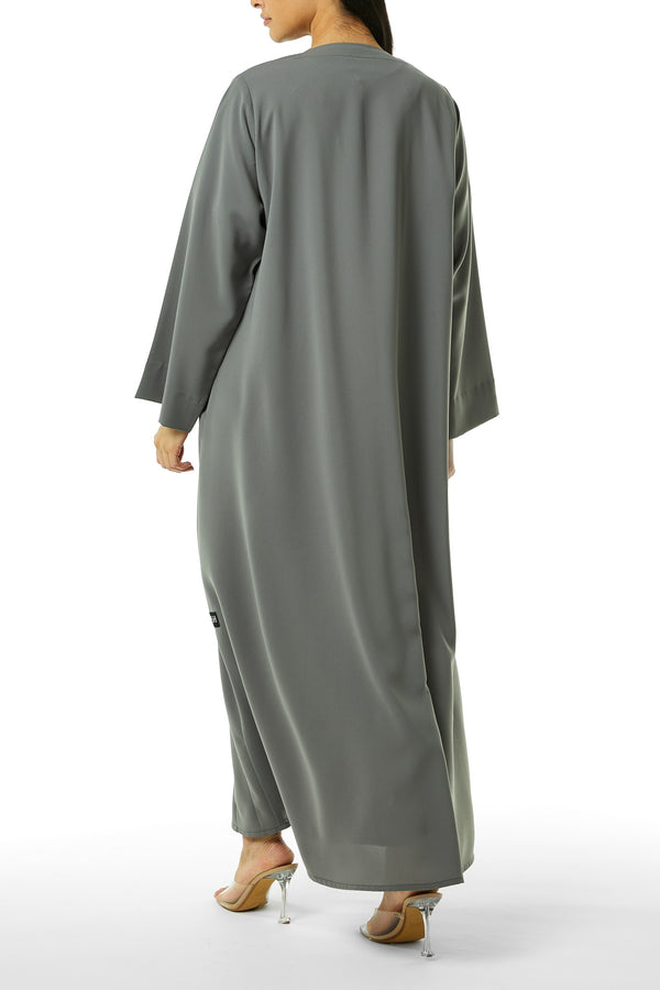 Grey Nova Crepe Abaya, Front Beadwork Detail