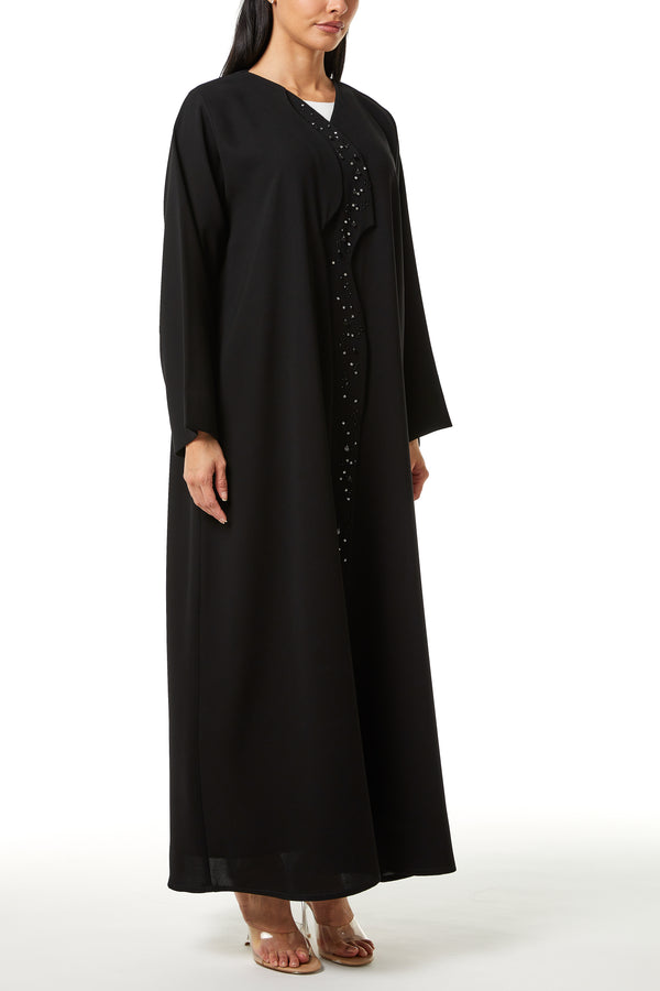 Black Jaime Crepe Custom Abaya, Front Panel Beadwork Detail