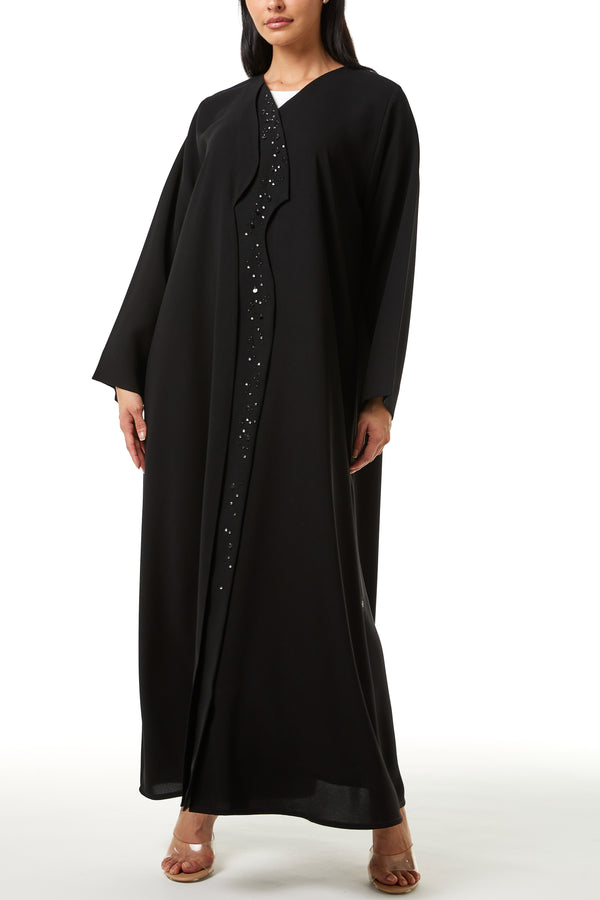 Black Jaime Crepe Custom Abaya, Front Panel Beadwork Detail