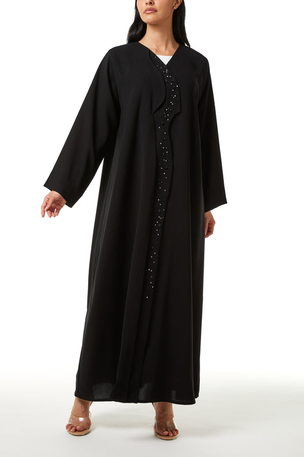Black Jaime Crepe Custom Abaya, Front Panel Beadwork Detail