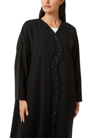 Black Jaime Crepe Custom Abaya, Front Panel Beadwork Detail