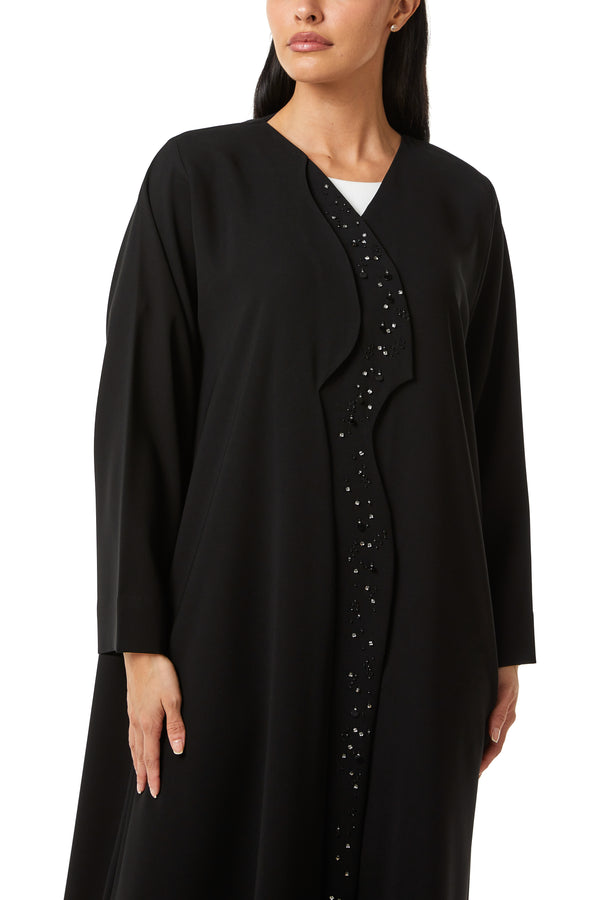 Black Jaime Crepe Custom Abaya, Front Panel Beadwork Detail