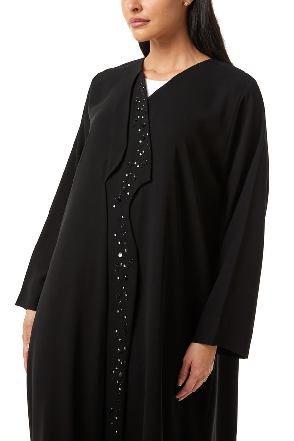 Black Jaime Crepe Custom Abaya, Front Panel Beadwork Detail