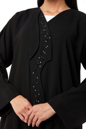 Black Jaime Crepe Custom Abaya, Front Panel Beadwork Detail