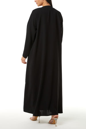 Black Jaime Crepe Custom Abaya, Front Panel Beadwork Detail