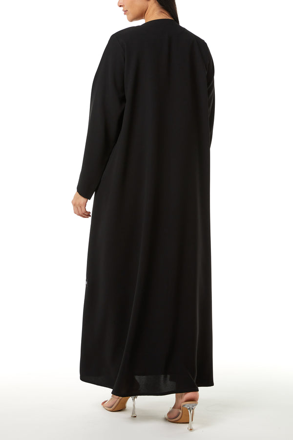 Black Jaime Crepe Custom Abaya, Front Panel Beadwork Detail