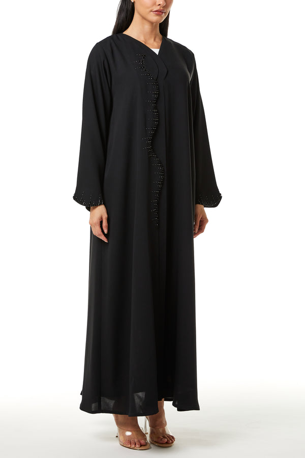 Black Layan Crepe, Overlap Front and Sleeve Beadwork Detail