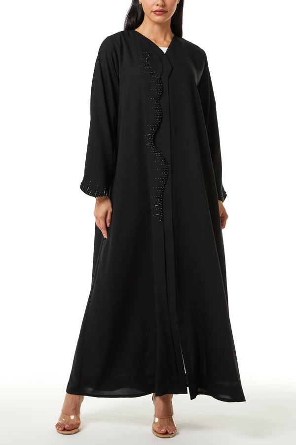 Black Layan Crepe, Overlap Front and Sleeve Beadwork Detail