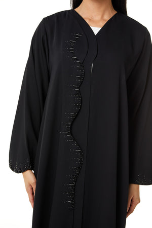 Black Layan Crepe, Overlap Front and Sleeve Beadwork Detail
