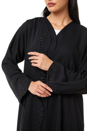 Black Layan Custom Crepe, Overlap Front and Sleeve Beadwork Detail