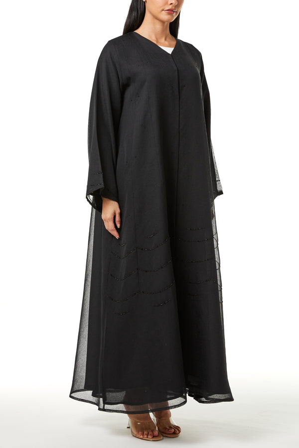 Black Plain Organza Custom Abaya, Front Panel and Sleeve Beadwork Detail